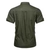 Mens 100% Bomull Militär Shirts Casual Dress Kortärmad Slim Toppar Arbetskjorta Manlig Solid Sommar Trendig Bröstficka 4XL 210626