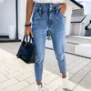 Kadın Mavi Yüksek Bel Kalem Kot Ince Düğme Cepler Bayanlar Denim Pantolon Bahar Vintage Streetwear Pantolon Kadın Alt 210616