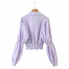 Francês Lapela V Pescoço Lavender Verificação Xadrez Camisa Retro Longa Ovelhas Pernas Puff Sleeve Mulheres Blusa Curto Tops Roxo 210429