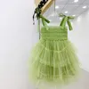 Summer Sling Girl Fashion Pink Green Dress Party Dress For Baby Girls Mesh Children Kids Dresses Fluffy Ball Gown Casual Dresses Q0716