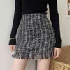 Colorfaith Spring Summer Women Woolen Mini Skirt In A Cage Vintage Plaid Tassel Skater High Waist Checkered SK5583 210621