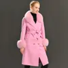 Design Wool Płaszcz Wiosna Real Fox Fur Collar Woolen Kurtka Regulowana Talia Slim Ladies Długi płaszcz