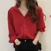 Elegante minimalistische blouse dames revers single breasted groot formaat rode lange mouw vrouwelijke trend 5A1310 210427