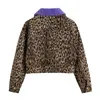 Kvinnor gröda Streetwear Jacka Leopard Spliced ​​Purple Wool Fur Fashion Winter Coat Kvinnlig Vintage Club Double Breasted Outwear 210417