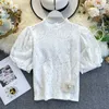 Kvinnor Retro Court Short Puff Sleeve Stand Collar Slim Chic Lace Tops Lady Solid Färg Vintage Blouse K419 210527