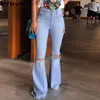 Denim Flare Calças Mulheres Forma Moda Cintura Alta Buraco Calças de Jeans Sólido Casual Streetwear Plus Size Sexy Long Calças 210513
