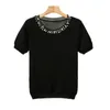 Women O-neck Beading Sweater Summer Vintage Short Sleeved Pluuover Tops Ladies Basic Black Knitted Sweaters 210525