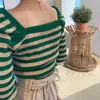 Zielona Blocked Striped T Shirt Topy Kobiety Pełna Rękaw Square Collar Tees Swetry Koreański Moda Damskie Koszulki 210513