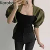 Korobov coréen hit couleur patchwork col carré femmes chemises nouveauté streetwear blouses femmes vintage chemises d'été 210430
