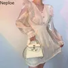 NEPLOE CEQUIN MINI Sukienka Kobiety V Neck Z Długim Rękawem Wysokiej Talii Suknie Vintage Ruffles Eleganckie Vestidos Moda Koreański Koronki Robe 210422