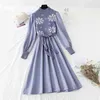 Spring Knitted Patchwork Women Dress Korean Puff Sleeve A Line Slim Bandage Long es Office Lady Elegant Robe 210514