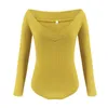 Sexy Off Shoulder V-Neck Slim Bodysuit Office Lady Jumpsuits Long Sleeve Skinny Body Mujer Elegant Knit Yellow Women's Overalls 210507