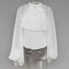 White Gothic Party Bow Blouse Long Lantern Sleeve Tops Sexy See Through Transparent Vintage Victorian Steampunk Ruffle Shirts Women's Blouse
