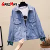 Frauen Stickerei Blumen Denim Jacke Umlegekragen Jean für Lose Lässige Ripped Holes Mantel Weibliche Outwear 210428