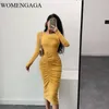 WOMENGAGA Autumn Winter Round Neck Long Sleeve Slim Design Sense Tight Elastic Hip Dresses Sexy Temperament Club Dress GX5D 210603