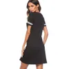 Bel-Forever Elegante Breve Blow Black Color Collo Round Collo con Vestidos di pizzo Manica corta Lavoro Donne Dritte Spostamento Sample Summer Dress T033 210419