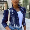 Kvinnor Sexig Ripped Denim Crop Jackets Vintage Casual Short Jean Jacket Puff Sleeve Vinter Kvinna Coat Streetwear 211014