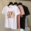 Été blanc t-shirt haut pour femme Vintage vêtements coréens femmes t-shirt décontracté Floral perles noir t-shirt à manches courtes mode 210604