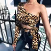 Seksowne jedno ramię Cropped Topy Hollow Out Leopard Drukuj Koronki Koszulki Dla Kobiet Slim Moda Jesień Zima Tees 210426