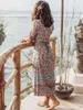 Jastie v-neck midi wrap klänning blommig tryck boho klänningar hippie chic tie tillbaka midja kvinnor klänning sommar avslappnad strand klänningar 210419