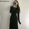 Nomikuma Kore Chic Mizaç Elbise Kadın Robe O Boyun Tek Göğüslü Ince Bel Uzun Kollu Pileli Örme Elbiseler 3D439 210514