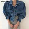 Bahar Denim Ceket Kadın Yaka Puf Uzun Kollu Kısa Dış Giyim Vintage Rahat Jean Ceketler Coat Bayan 210601