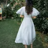 White V Neck Short Sleeve Midi Dress Summer Elegant Bow Flare Solid D1832 210514