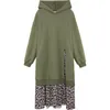 PEUT-U Femmes Armée Vert Noir Pull À Capuche Robe Léopard Patchwork À Manches Longues A-ligne Robe Midi Printemps Automne D2389 210529