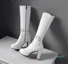 Çizmeler Seksi Sonbahar Kış Diz Boyu Kadınlar Yuvarlak Toe Zip Metal Dekorasyon Yüksek Topuklu Ayakkabı Uzun Siyah Beyaz Bej