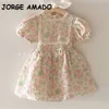 Summer Kids Girl Dress Floral Lace Puff Sleeves with Sashes Princess Dresses Cute Style Outfits Children Clothes E0504 210610
