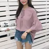 Misschien u Vrouwen Chiffon Bow Collar Flare Sleeve 3/4 Mouw Wijnrood Roze Solid Top Blouse Zomer B0305 210529
