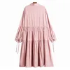 [EAM] Women Khaki Elegant Big Size Pleated Sashes Midi Dress Lapel Long Sleeve Loose Fit Fashion Spring Autumn 1DD7485 21512