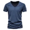 Marka Jakość 100% Bawełna Mężczyźni Koszulka V-Neck Moda Design Slim Fit Soild T-Shirts Male Tops Tees Krótki Rękaw T Shirt dla mężczyzn X0726