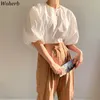 Korean Elegant Women Blouses Tops Summer Puff Sleeve O-neck All Match Shirt Vintage Office Ladies Blusas Mujer 210519