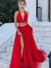 Party Dresses Red Long Evening With Beading Crystal A Line Halter V Neck Tulle Sexy Slit Two Piece Prom Dress Vestidos De Fiesta