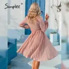 Elegantes rosa hohes Taillen-Faltenkleid lässig Urlaub Frühling langärmeliges Frauen-Sommerkleid sexy tiefer V-Ausschnitt Vestidos 210414