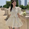 Französisch Elegante 2 Stück Sets Mode Süße Peter Pan Kragen Puff Sleeve Shirt Top + Hohe Taille Mini Röcke Frauen set Femme 210518