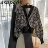 Autumn Style Chic Retro Rose Flower Printed Single Breasted Lantern Sleeve Cardigan Knitted Top Long Sleeve Sweater Women 210610