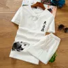 T-shirt à manches courtes hommes col en V costume shorts décontractés vêtements vêtements d'été ensemble bouton été imprimé ensemble de lin M-5XL X0610