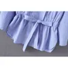 Kvinnor Vintage Stand Collar Striped Bow Slips Drawstring Casual Smock Blusar T-shirts Chic Kimono Blusas Femininas Toppar LS2773 210420