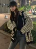 [EWQ] Autumn Sweater Coat Retro Shirt Check Long Sleeve Single Breasted Plaid Loose Knit Cardigan Ladies QB321 210918