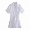 Verão de manga curta lapela branco vestido feminino francês dobra cintura chique doce mulheres culottes 210507