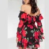 Kobiety Off Ramię Ruffles Kwiat Druku Sukienka Wiosna Z Długim Rękawem Elegancki Party Dress Kobieta Szyfonowa Plaża Wakacyjny Vestidos 210915