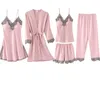 Spring Women Pajamas 5 Pcs Satin Sleepwear Pijama Lace Home Wear Clothing Embroidery Sleep Pyjama with Chest Pads Sy030105 Dropshi4401685