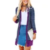 Kvinnors Långärmad Ribbad Halsband Öppna Front Stripe Snap Button Down Knit Cardigans Sweater Coats 210805