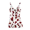 Summer sleeveless dress female sense V-neck hollow rose print fishtail es Retro Black White 210604