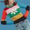 InstaHot Gestreiften Regen Bogen Gestrickte Pullover Frauen 2018 Herbst Blume O Neck Elastische Stretchy Pullover Baumwolle Tops Mehrfarbige Winter Y1110