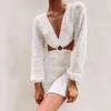 Knit Stripe Long Sleeve Dress Backless Summer Dress Women Hollow Out V Neck Sexy Mini Dresses Casual White Beach Dress 210521