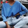 Jesień Zima Blue Dzianiny Swetry Kobiety Batwing Rękaw V-Neck Loose Cashmere Sweter Kobieta Casual Koreański Styl Jumper 210428