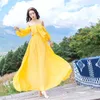 夏のビーチルーズドレス女性黄色の固体ホルターカラーランタンスリーブ弾性ウエストマキシ女性ボボボディコン210603